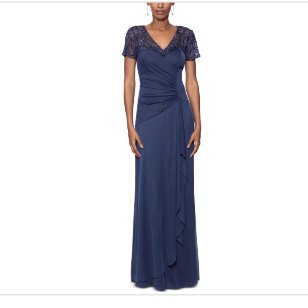 Xscape Navy Maxi Dress with Lace Shoulders